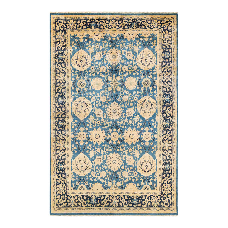 Tapis unique en laine noué à la main nouvel âge de 5 pi x 7 pi 10 po Kendarion en bleu sarcelle / noir / brun clair
