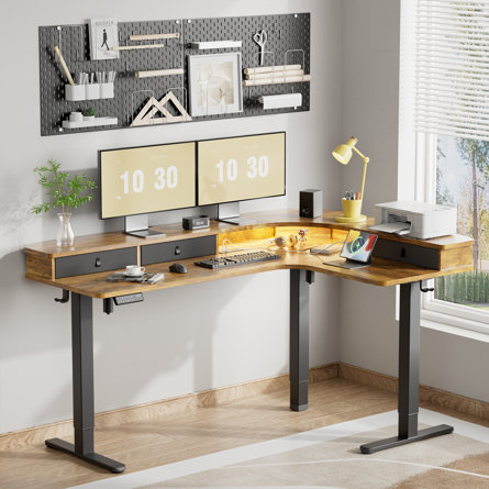 Meachie 63" Adjustable L Shaped Computer Standing Desk with 3 Drawers & Power Outlets & LED Lights