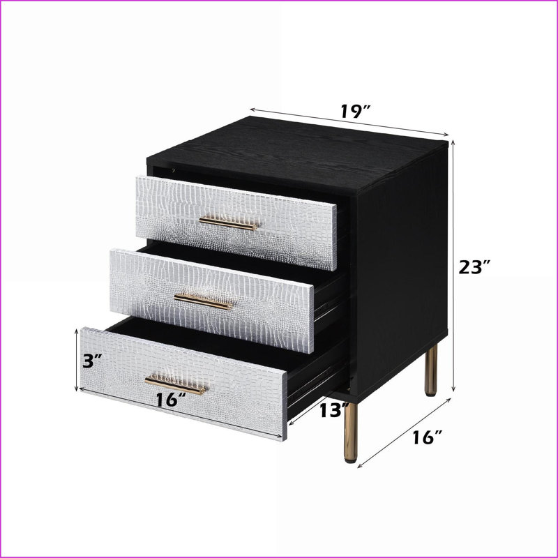 Myles Modern 3-Drawer Nightstand with Black/Silver/Gold Finish