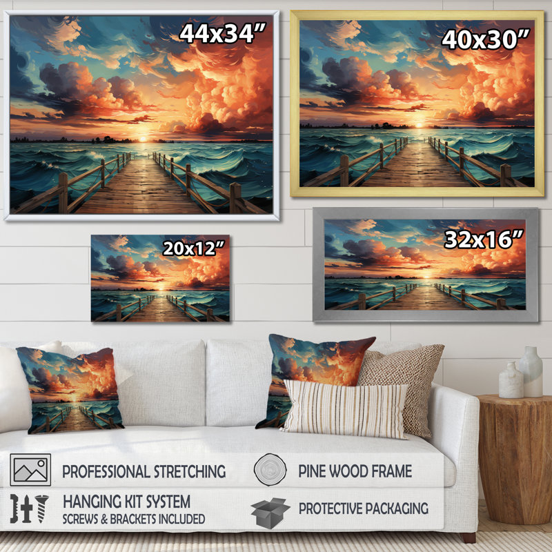 Jetée des saisons I sur toile, H 34 po x l 44 po, Cadre flottant doré