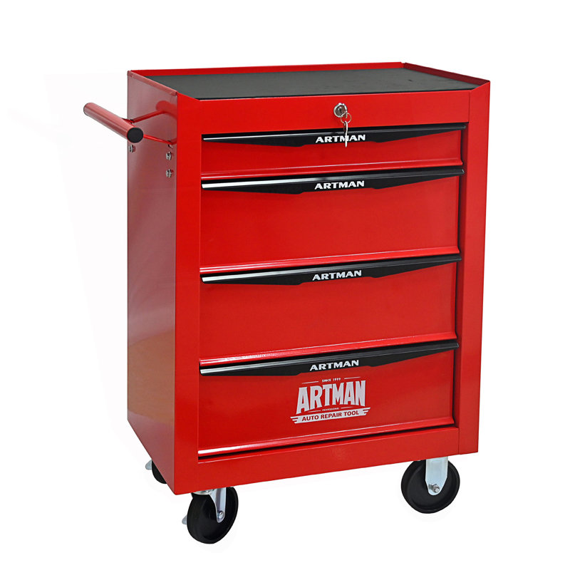 Coffre à outils roulant en métal avec 4 tiroirs, armoire d'appoint, Rouge / Noir