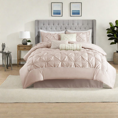 Elegant 7 Piece Bedding Sets, Full Polyester Pleated Tufted Bedroom Home