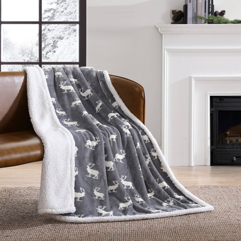 Eddie Bauer Printed Plush Fleece/Sherpa Throw Blankets, Elk Stance Gray