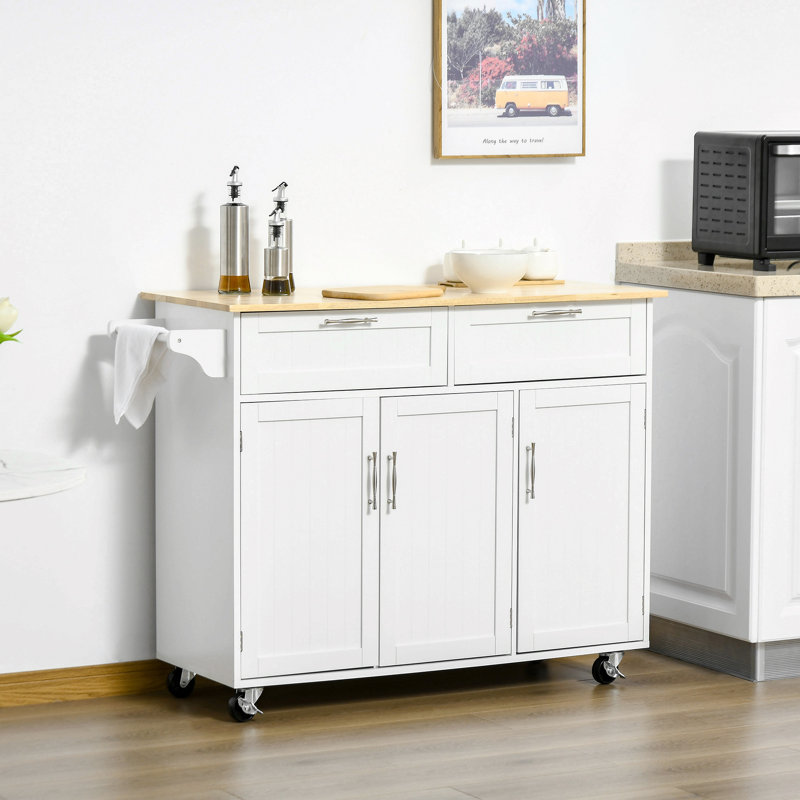 Îlot de cuisine mobile avec rangement 47,64 po Kohn, chariot de cuisine avec plateau en bois, tiroirs de rangement, armoires à 3 portes, tablettes réglables et porte-serviettes