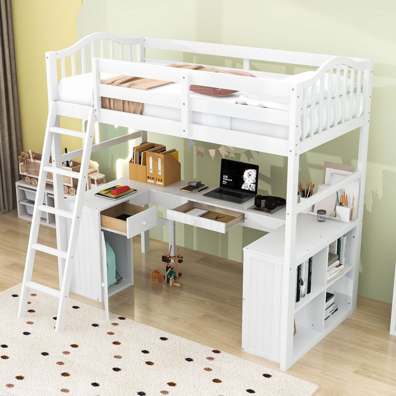 Esias Kids Twin Loft Bed with Drawers, White
