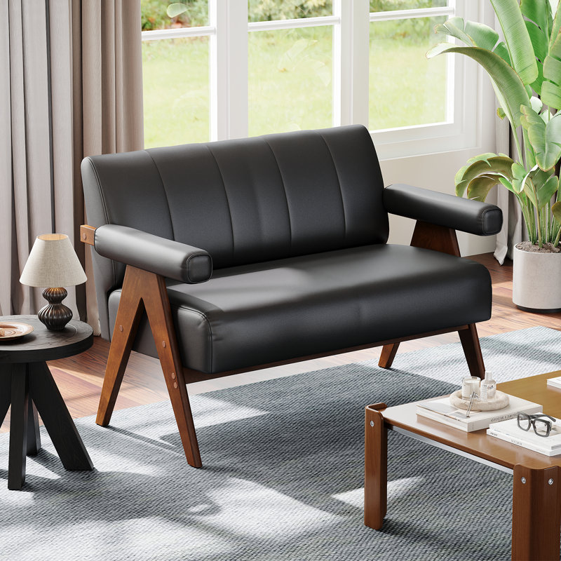 50"w Black Faux Leather Loveseat With Thickened Backrest & Armrests, Black