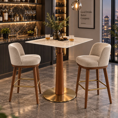 Sculptural 33" Square Bar Table with Fluted Wood Pedestal & Brushed-Gold Base