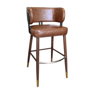 Tabouret d'intérieur à dossier courbé avec structure en métal grain de bois et revêtement en vinyle caramel