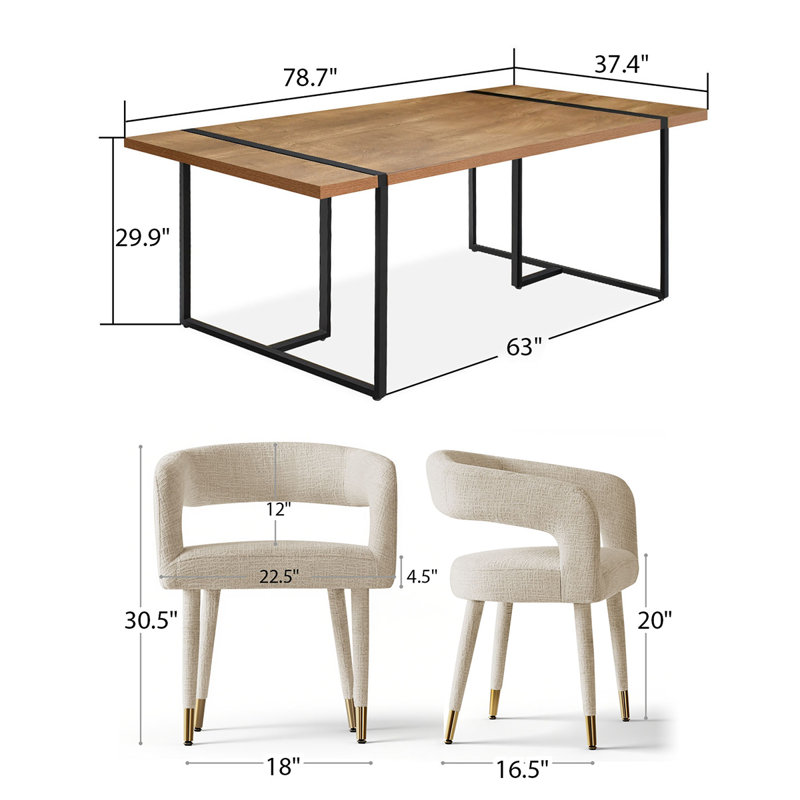 Modern 79" Rectangular Dining Table Set With 6 Upholstered Arm Dining Chairs, Oatmeal