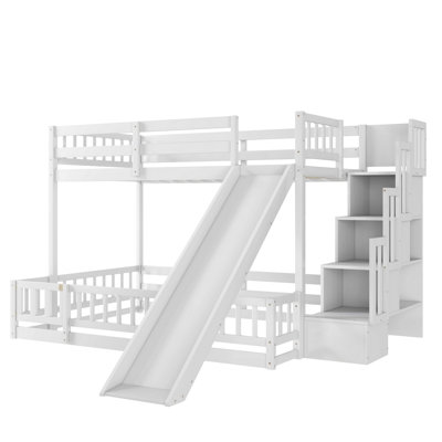Twin Over Full Bunk Bed With Slide, Storage Staircase, Pine Solid Wooden Bunk Bed With Safety Guardrails,White (Old Sku W504S00185)