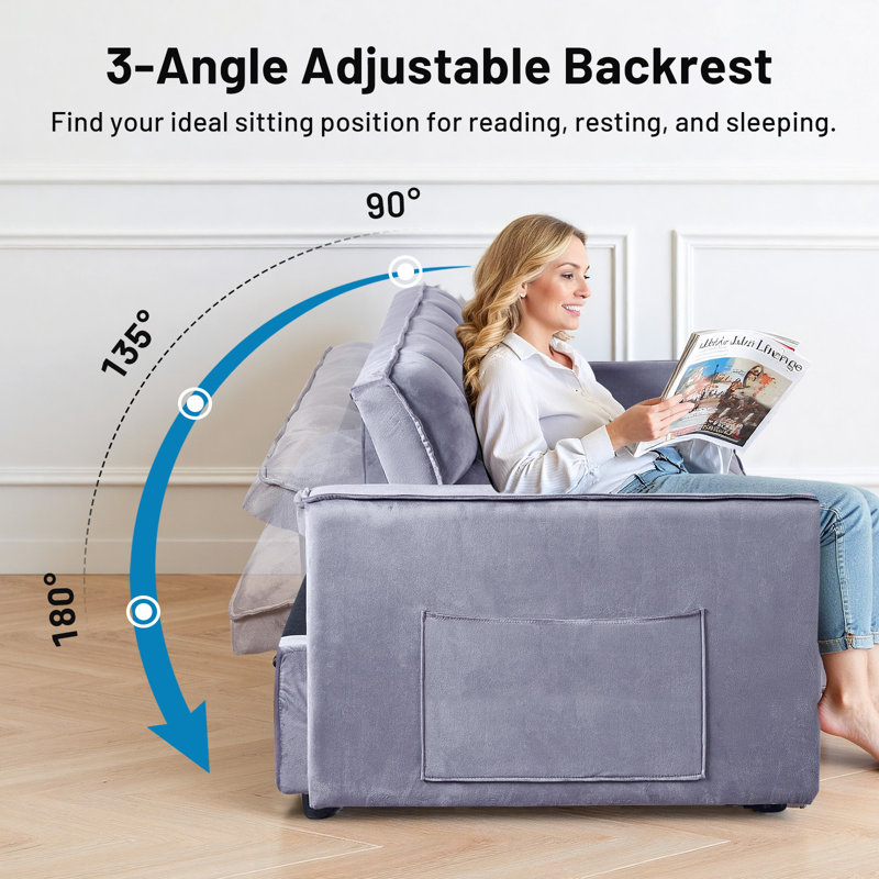Hunsicker 3 in 1 Convertible Sleeper Sofa Bed, Velvet Futon Couches, Chaise Lounge for Living Room with Side Pocket