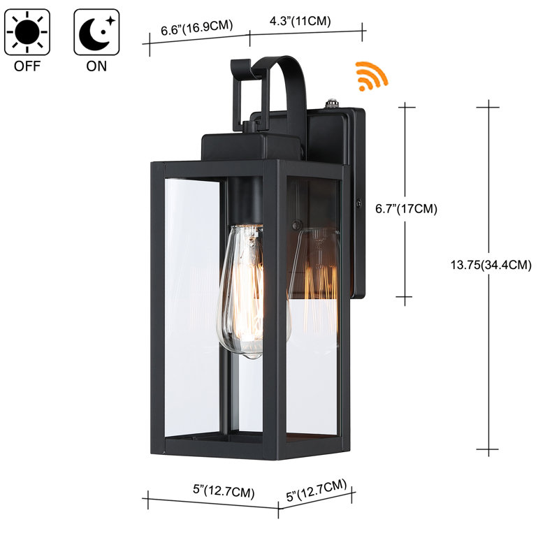1-Light Matte Black Outdoor Wall Lantern Sconce with Dusk to Dawn, 13.78“H x 5"W x 6.7"D