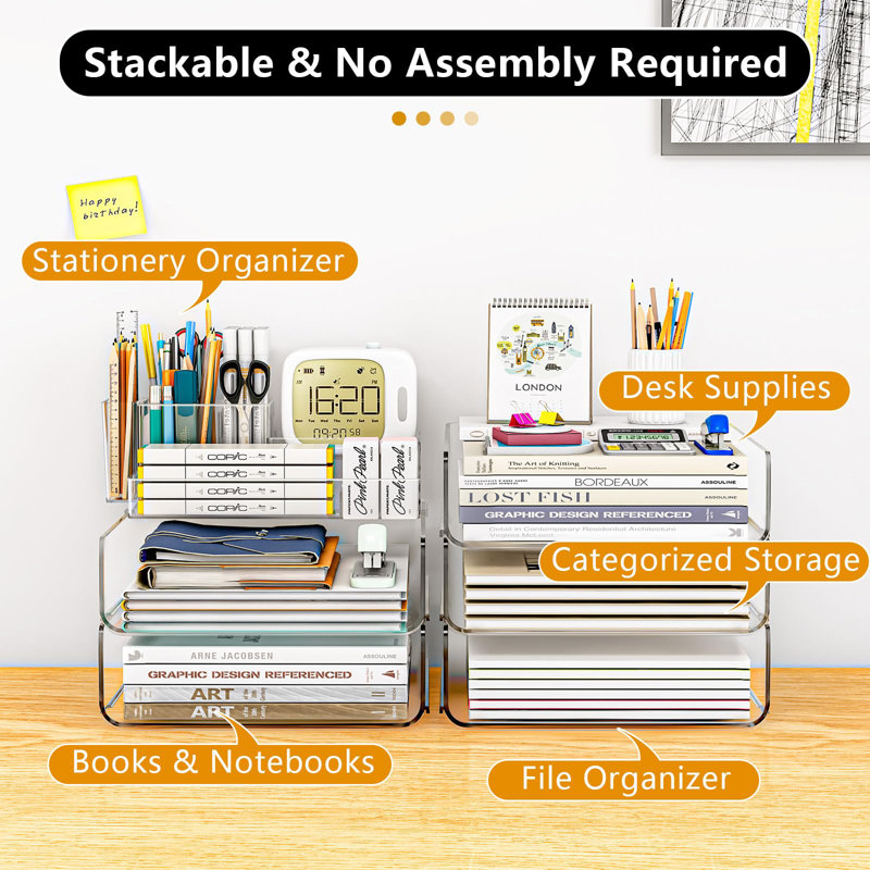 Acrylic Stackable Desktop File Organizer With 5-Compartment Tray And Pencil Holder, Clear