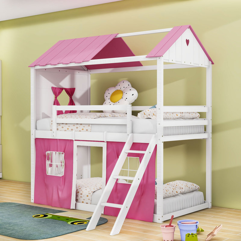 Sherick Wood Bunk Bed with Windows and Tent, Full Over Full, Pink