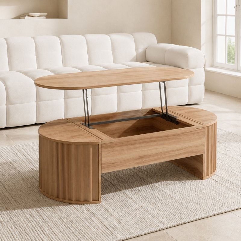 Table basse à plateau relevable avec compartiment caché, plateau de table ovale moderne, espace de travail ergonomique à hauteur réglable avec rangement spacieux, fabrication résistante aux égratignures