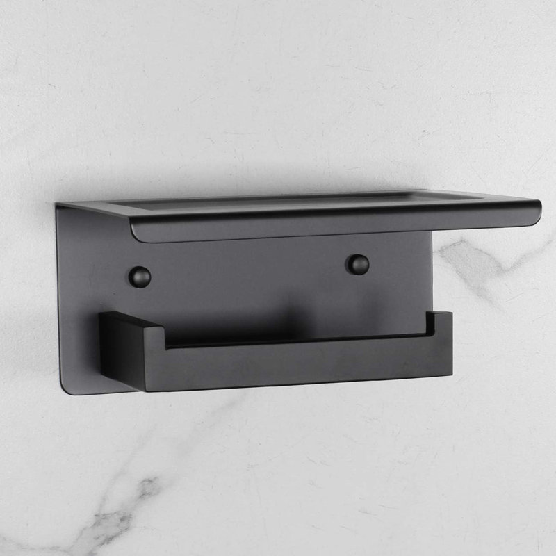 Porte-papier hygiénique mural en acier inoxydable avec tablette pour salle de bain, fini noir mat durable, rangement polyvalent