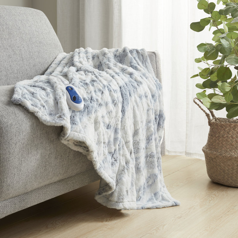 Beautyrest Zuri Oversized Heated Faux Fur Throw, Gray/Blue Abstract