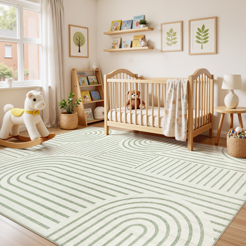 Washable Area Rug Rainbow Striped Non Slip Carpet  for Nursery Baby Room Bedroom , Rectangle 6' x 9', Green