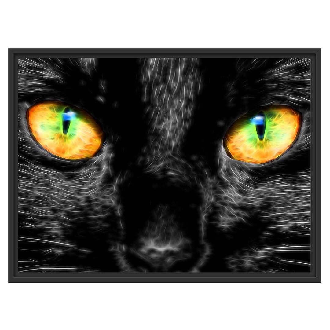 Gerahmtes Wandbild schwarze Katze mit magischen Augen