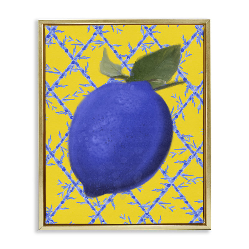 Cadre flottant bleu citron sur jaune, design par Matthew Piotrowicz, H 21 po x l 17 po, Cadre flottant métallique doré
