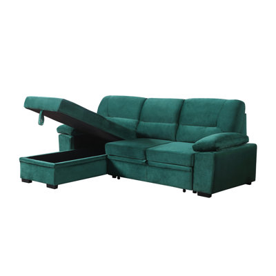 Kipling 97.5" Green Velvet Fabric Reversible Sleeper Sectional Sofa Chaise