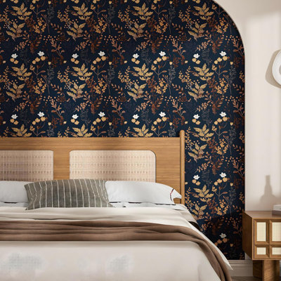 Dark Blue Floral Peel And Stick Wallpaper - Waterproof Self-Adhesive Vinyl Wallpaper For Cabinets, Kitchen Countertops, Walls - 17.5" X 393" - Gold Leaf Design, Easy To Apply, Removable