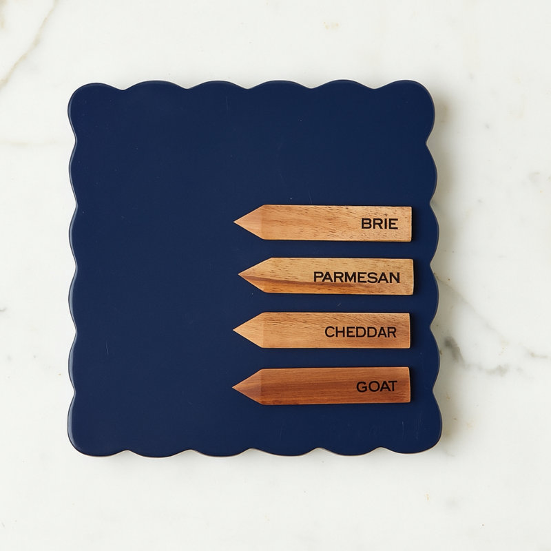 Scalloped Square Cheese Board with Cheese Markers - Navy Blue, Navy Blue