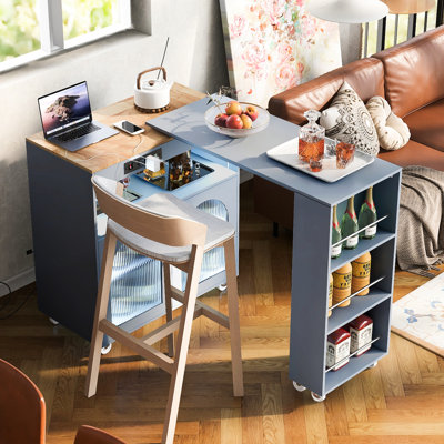 Îlot de cuisine sur roulettes avec lumières DEL, prises de courant, 2 portes en verre cannelé, rangement et design contemporain, rangement roulant gris, douille électrique pour lumières