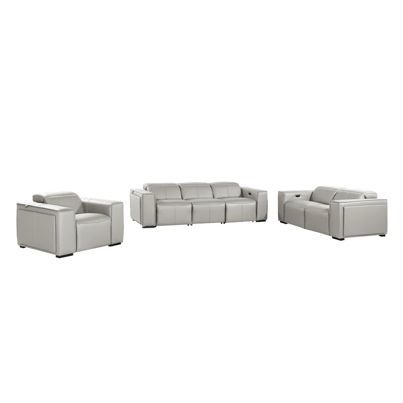 Ensemble de canapé inclinable électrique en cuir fleur Cinaed, Gris clair