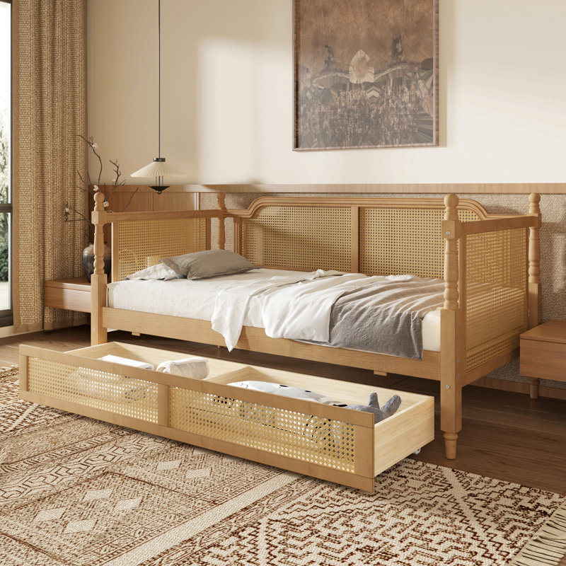 Lit de jour simple en rotin de style traditionnel avec 2 tiroirs pour un espace limité, chambre d'amis, pas de sommier nécessaire, noyer antique