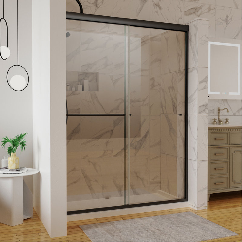 Porte de douche coulissante noire matte avec verre transparent et structure stable 54 "x 72" Base à panneaux transparents
