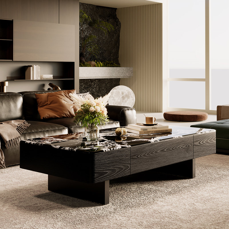 Table basse luxueuse en pierre micro-cristalline, Noir, H 13,8 po x L 59,1 po x l 29,5 po