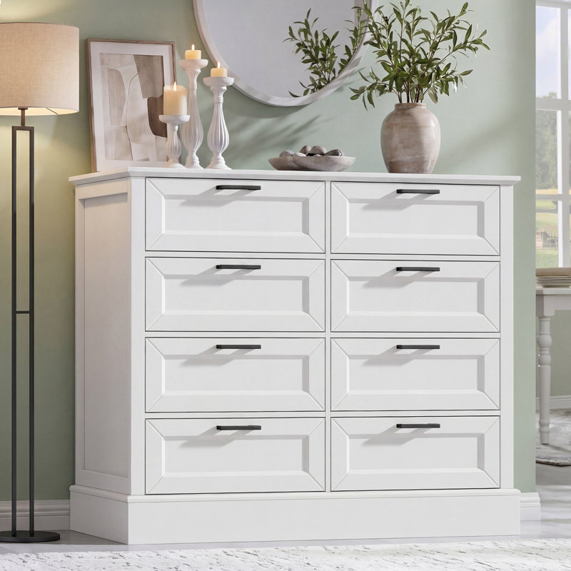 Commode de style champêtre de 107 cm de large avec 8 tiroirs pour chambre et salon, meuble de rangement moderne blanc avec poignée en métal