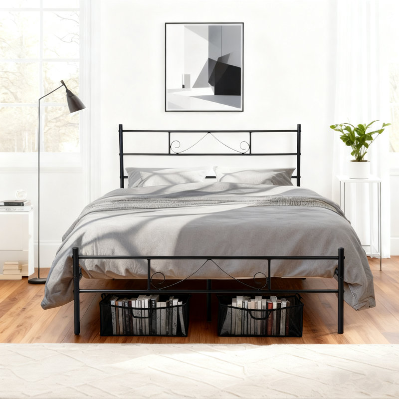 Metal Bed Frame with Beard Design Headboard, Double (4'6), Black