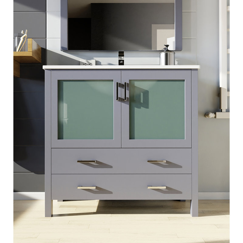 Meuble-lavabo de salle de bain 36 po X P 18,25 po D, dessus en céramique, ensemble de robinet et Miroir