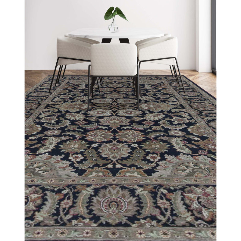 Wool Oriental Area Rug in Black/Ivory/Green