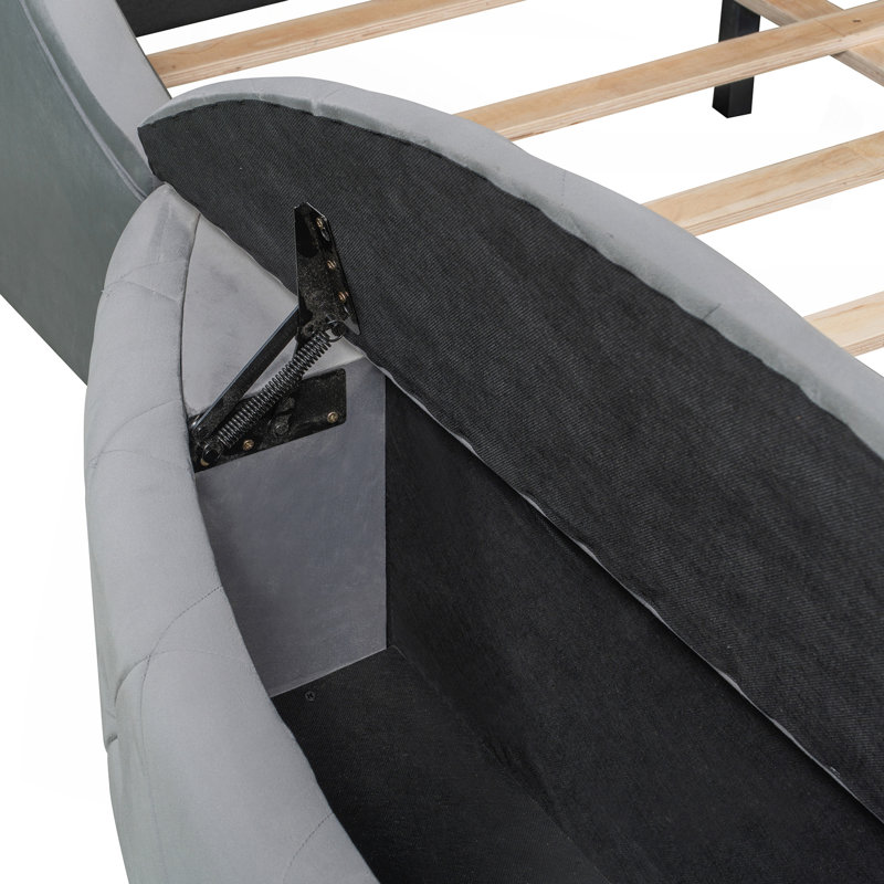 Lit plateforme tapissier en velours avec tête de lit à oreilles, 1 grand tiroir et 2 tabourets de rangement latéraux (gris)