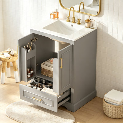 Meuble-lavabo de 24 po avec lavabo, armoire en panneau de fibres à densité moyenne, structure en bois massif, tiroir divisé et portes à fermeture en douceur