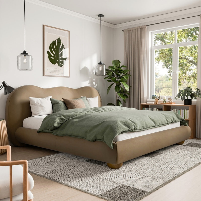 Lit très grand Eastern en brun, pieds en bois rond rembourrés Boucle, magnétisme moderne, lit brun dos camel, taille, ambiance transitionnelle contemporaine, velours
