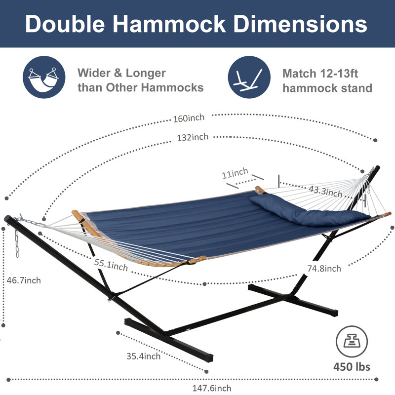 Grand hamac double de 55 pouces avec support Cruce, capacité 450 lb, Cruce, Bleu très foncé