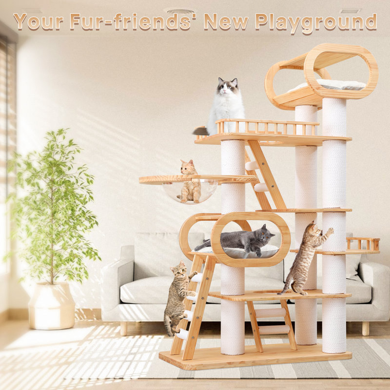 76.7 H  Large Solid Wood Cat Tree Multi-Level Tall Cat Tower Cat Tree for Indoor Cats Large Adult