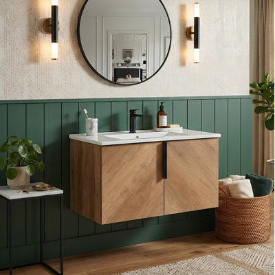 Meuble-lavabo minimaliste de 30 po avec lavabo en céramique, armoire en bois aggloméré et panneau cannelé 3D (chêne doré)