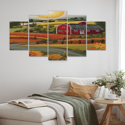 Tournesol champ rouge Bard vert campagne - ferme, art mural 5 pièces