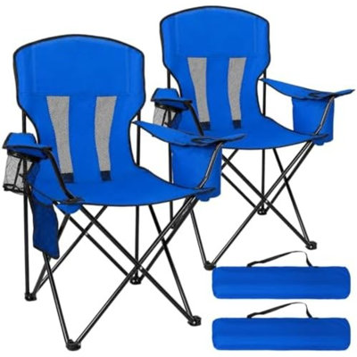 Lot de 2 chaises de camping pour adultes, chaise pliante avec sac isotherme 4 canettes et porte-gobelet, chaise d'extérieur robuste et portable avec dossier en maille pour le camping, la plage, le jardin, la pêche, bleue