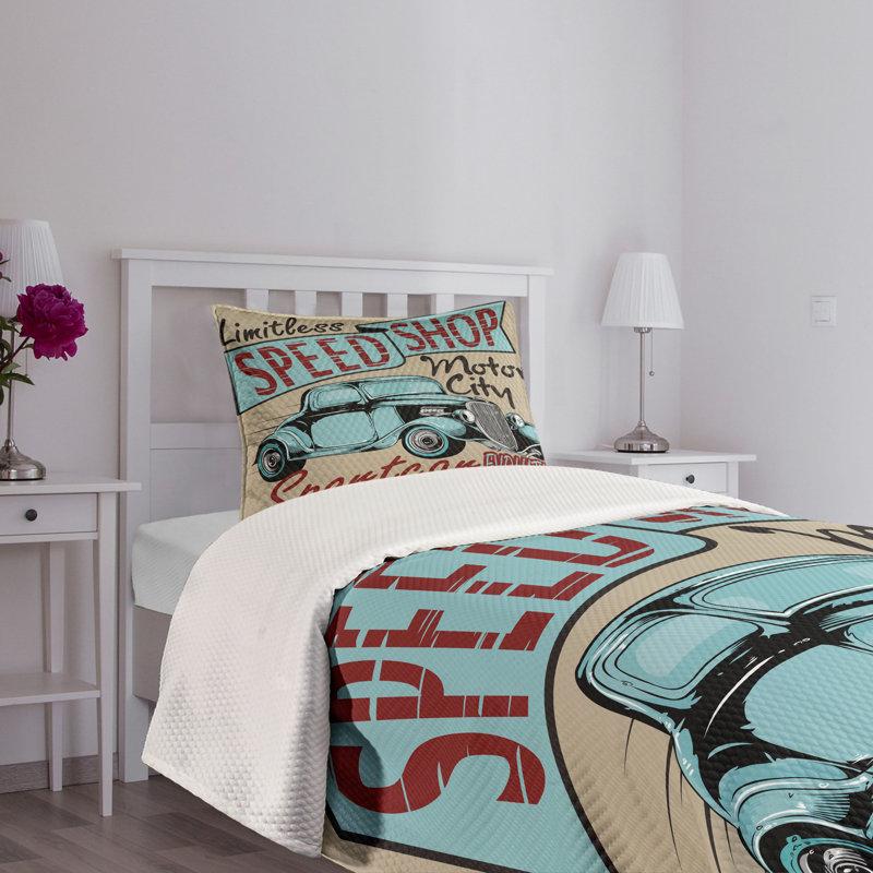 Twin White Quilted Bedspread Set with Classic Car Print
