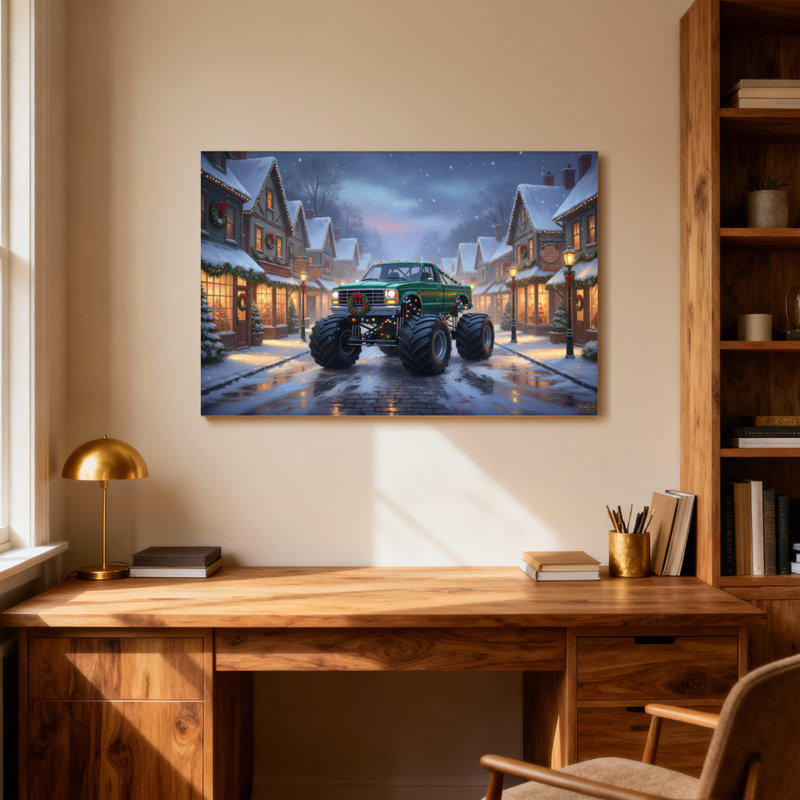 Noël, camion de Noël, rue enneigée, veilleuses, H 24 po x l 36 po