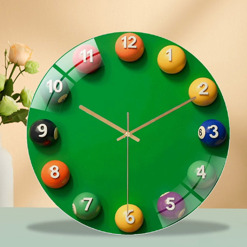 Grandes boules de billard pour salle de jeu ou jeu d'arcade - Horloge murale moderne en verre 12 po