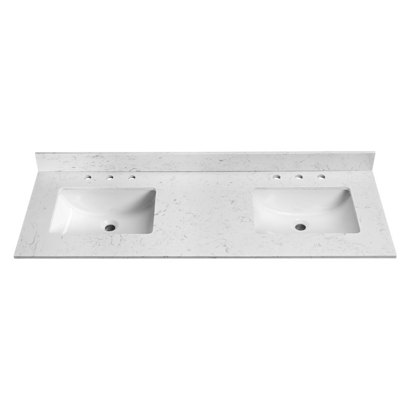 60" Quartz Bathroom Vanity Top With Double Rectangular Undermount Sinks And 4" Backsplash
