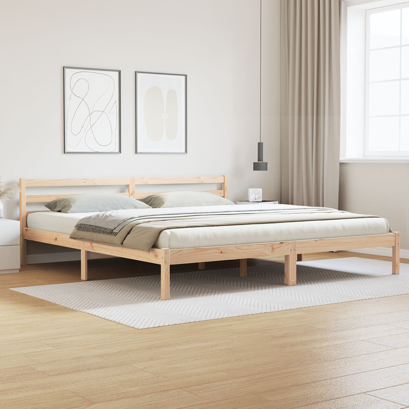 Bed Frame With Headboard Solid Wood Pine, 185.5 x 225.5 cm, Cream
