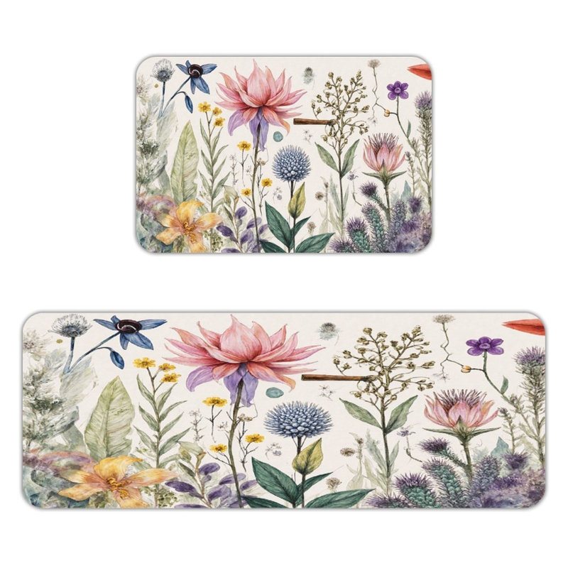 Colorful Wildflower, Kitchen Mats Set Of 2, Pink Floral